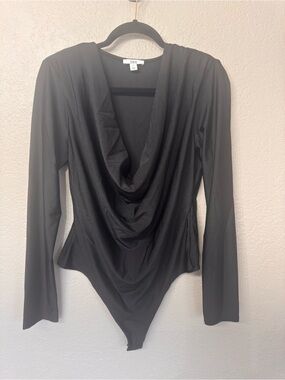 Bar III Black Draped Neck Long Sleeve Bodysuit